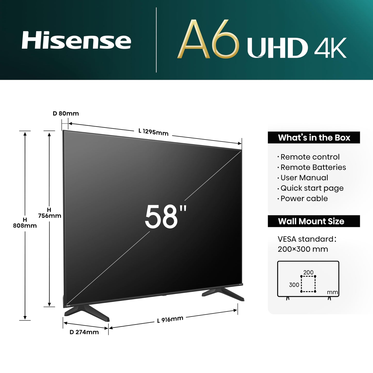 Hisense 43" 43A6QTUK 4K Ultra HD Smart TV AI TV - 4K UHD, Hi-View AI Engine, Precision Colour, AI Smooth Motion, Sports Mode with Freely, Disney +, YouTube, Netflix