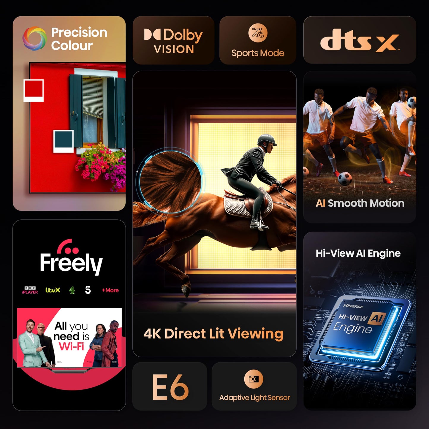 Hisense 43" 43A6QTUK 4K Ultra HD Smart TV AI TV - 4K UHD, Hi-View AI Engine, Precision Colour, AI Smooth Motion, Sports Mode with Freely, Disney +, YouTube, Netflix